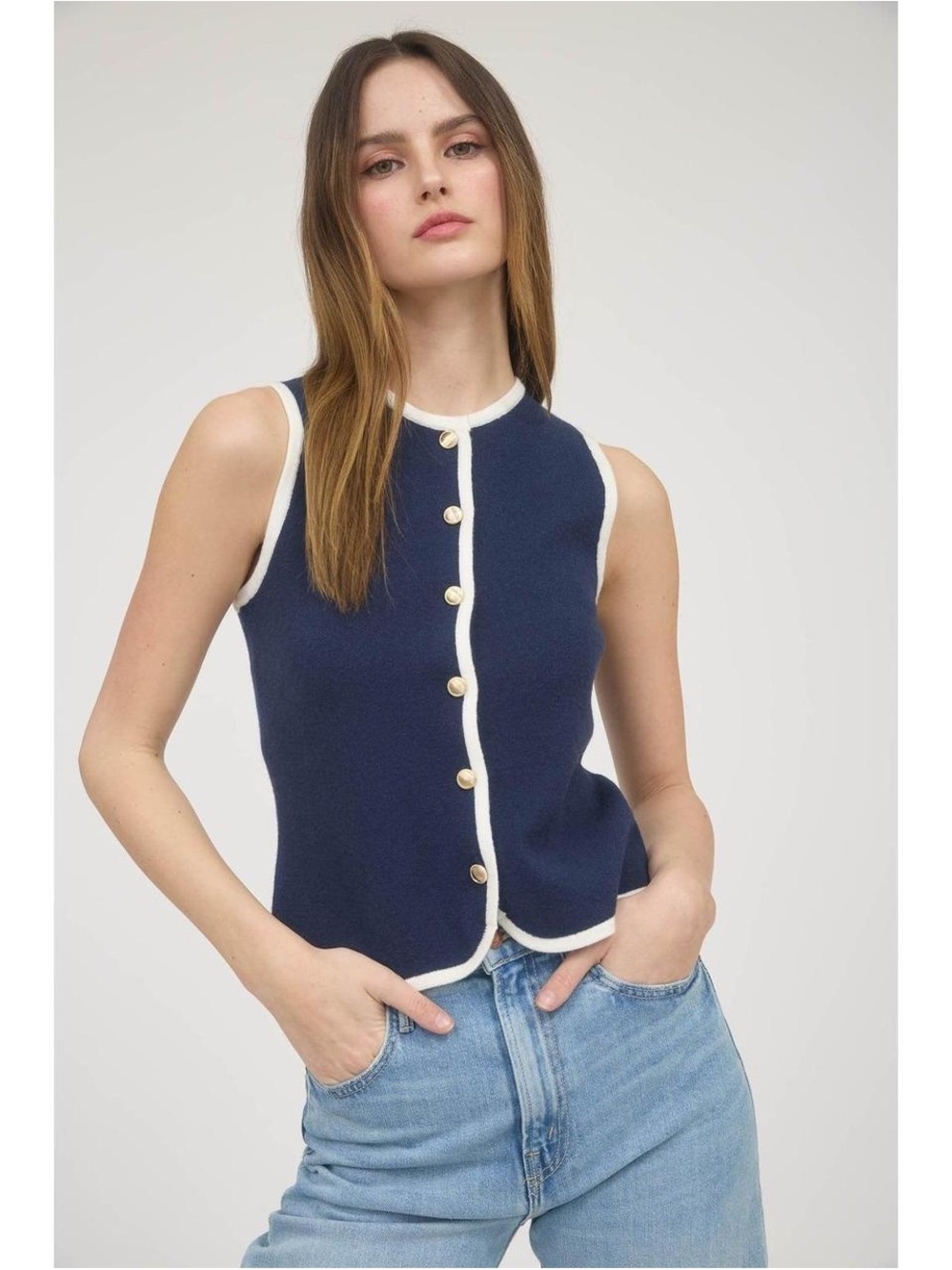 Sleeveless Navy Knit Button-Front Top with Ivory Trim